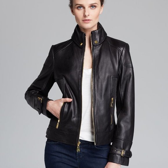 UNWORN. Via Spiga Ruched Side Leather Moto Jacket. Small
